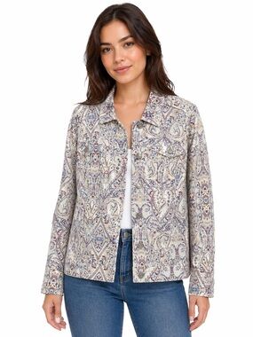 Chico’s Sateen Jean Jacket Paisley Print Button Front Stretch Jean Jacket Boho